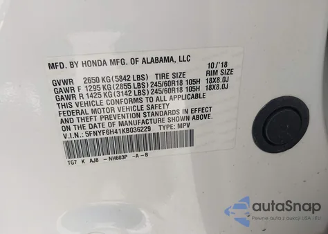 2019 Honda Pilot Ex-L из США, поврежденный, VIN 5FNYF6H41KB036229